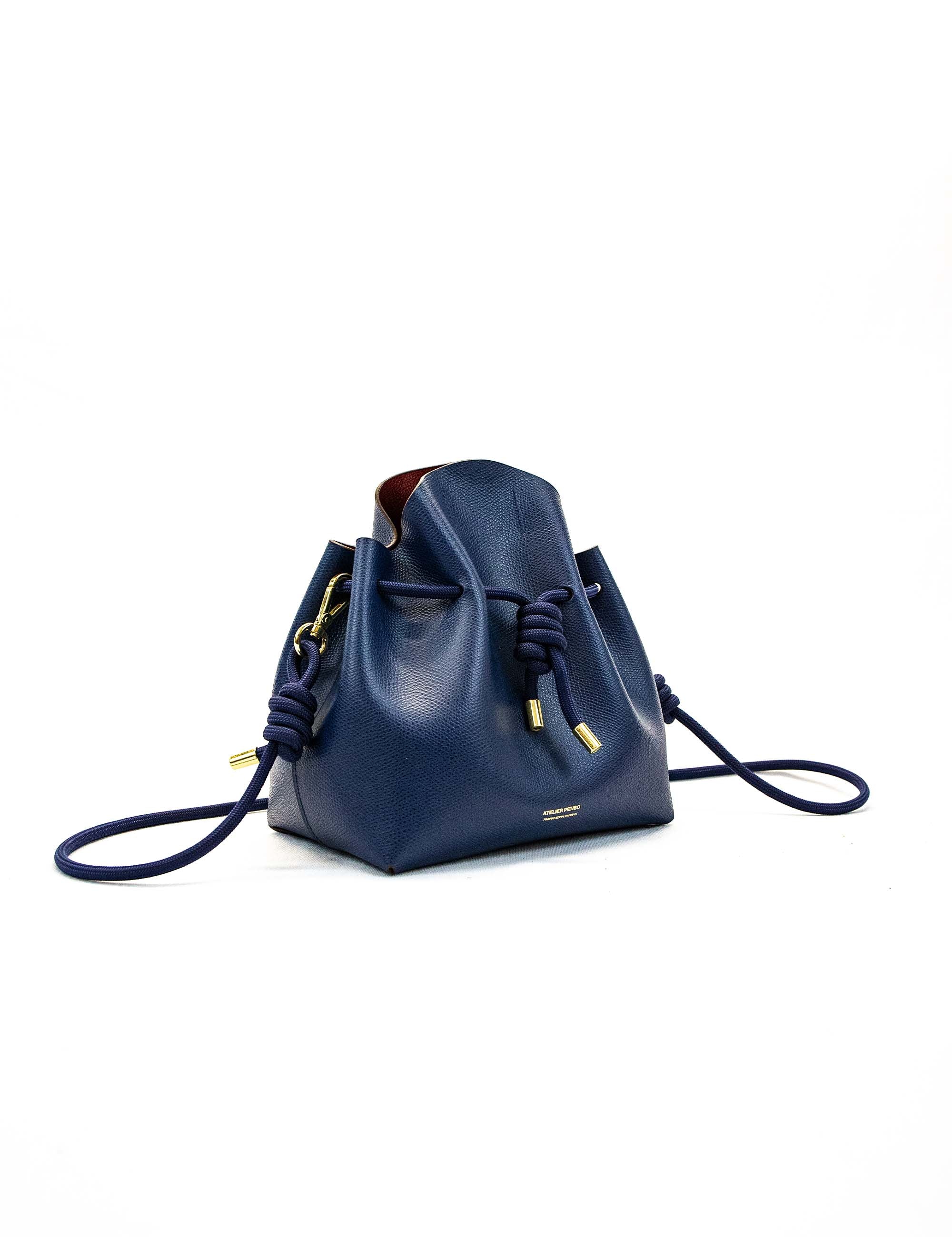 Sac seau en cuir bleu- bandoulière corde - PBM - Atelier Penso